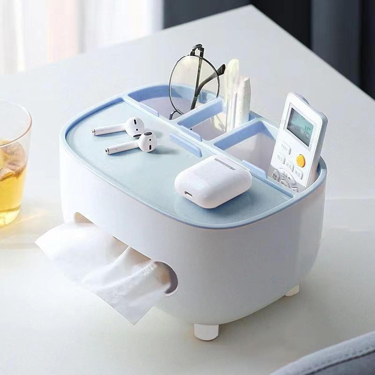 Suport pentru Servetele, Cutie Multifunctionala, Design Minimalist, ABS, cu Suport pentru Obiectele Personale, pentru Birou, 21x12x12 cm, Albastru [1]