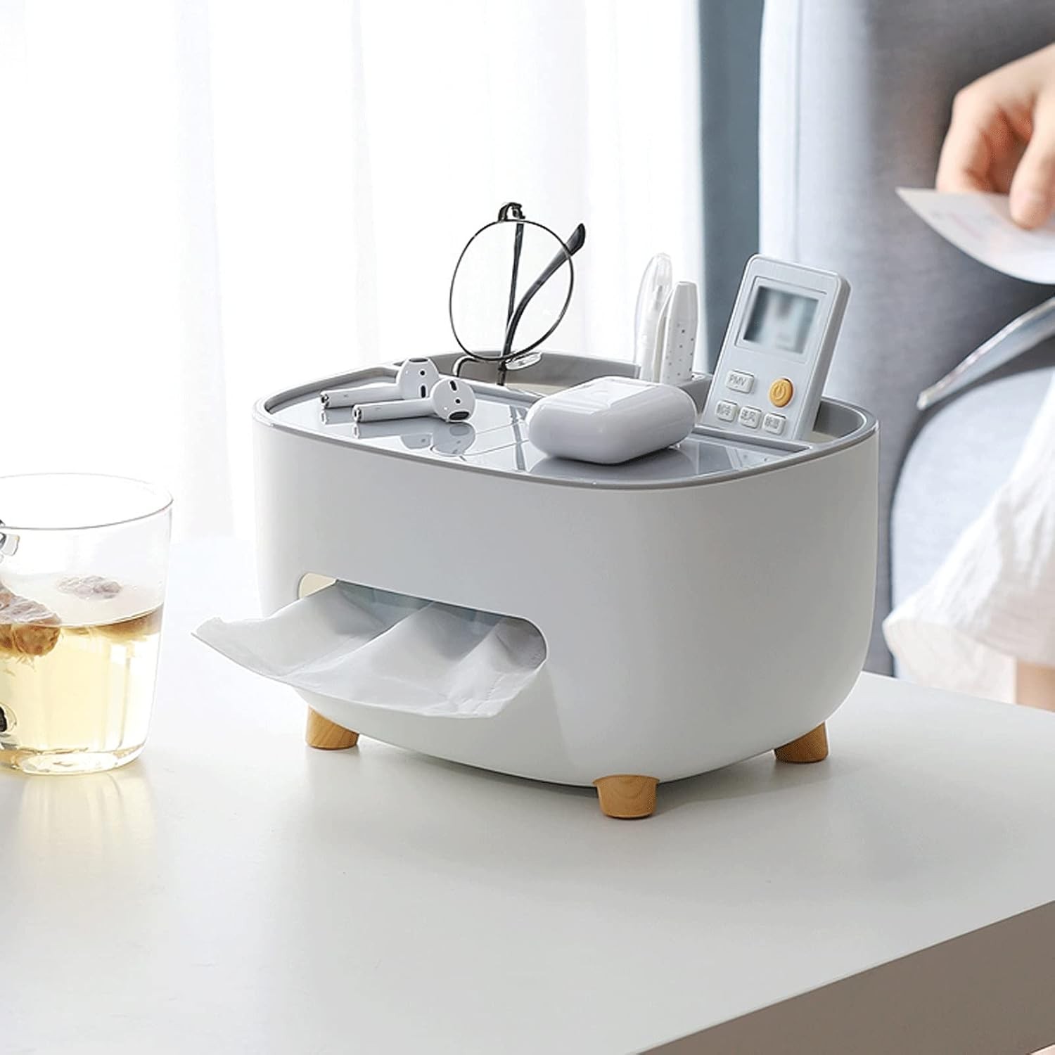 Suport pentru Servetele, Cutie Multifunctionala, Design Minimalist, ABS, cu Suport pentru Obiectele Personale, pentru Birou, 21x12x12 cm, Gri [5]