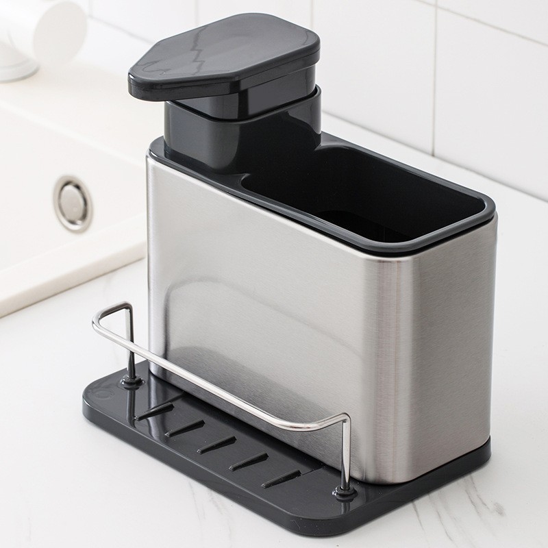 Dispenser Multifunctional, Dozator pentru Detergent, pentru Sapun Lichid, Dezinfectant, cu Suport pentru Ustensile, 18.5 x 18 x 12.8 cm Negru [1]