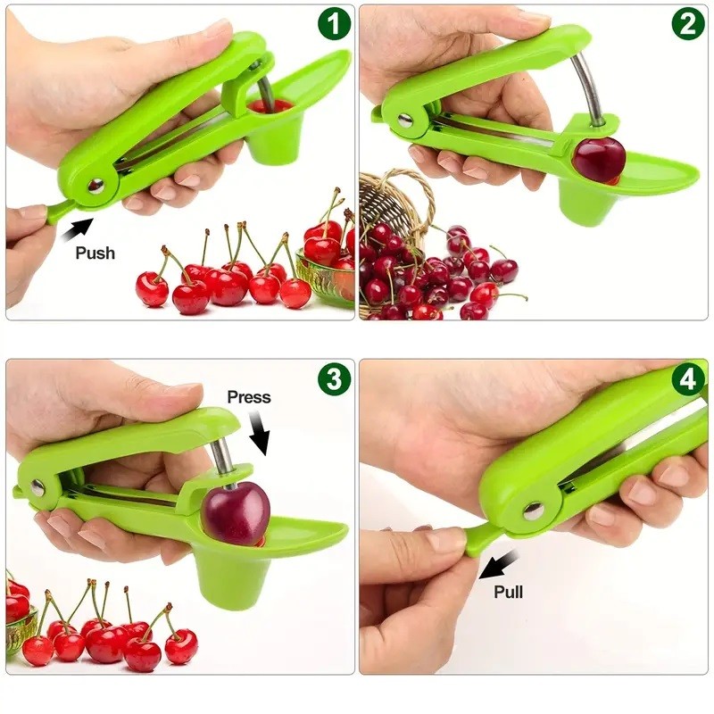 Dispozitiv de Scos Samburi, Manual, cu 1 Gaura, pentru Cirese/Masline, 20.5 x 3.8 x 13 cm, din ABS+Otel Inoxidabil, cu Maner, Verde [2]