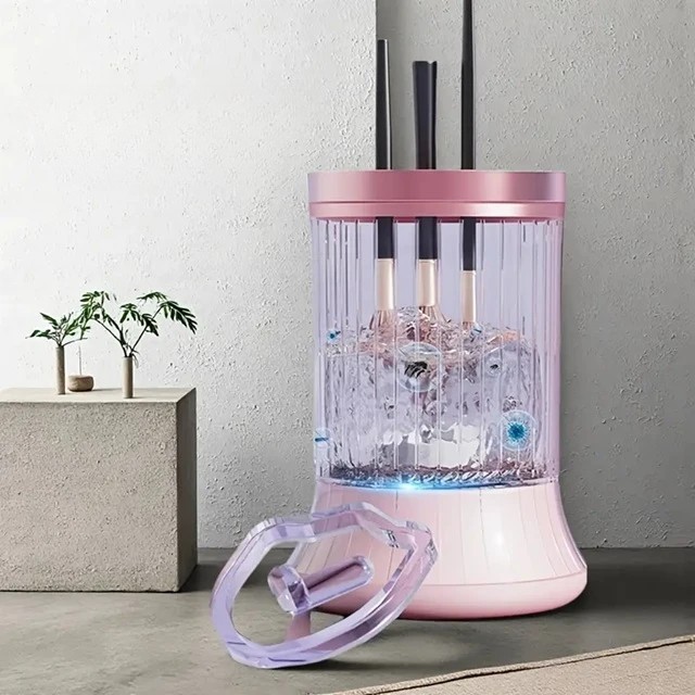 Dispozitiv Portabil de Curatare a Pensulelor de Machiaj, pentru Pensule de Diferite Dimensiuni, 5V, 7000RPM, Vibratii Sonice, USB Type C, 9x9x16 cm, Roz [2]