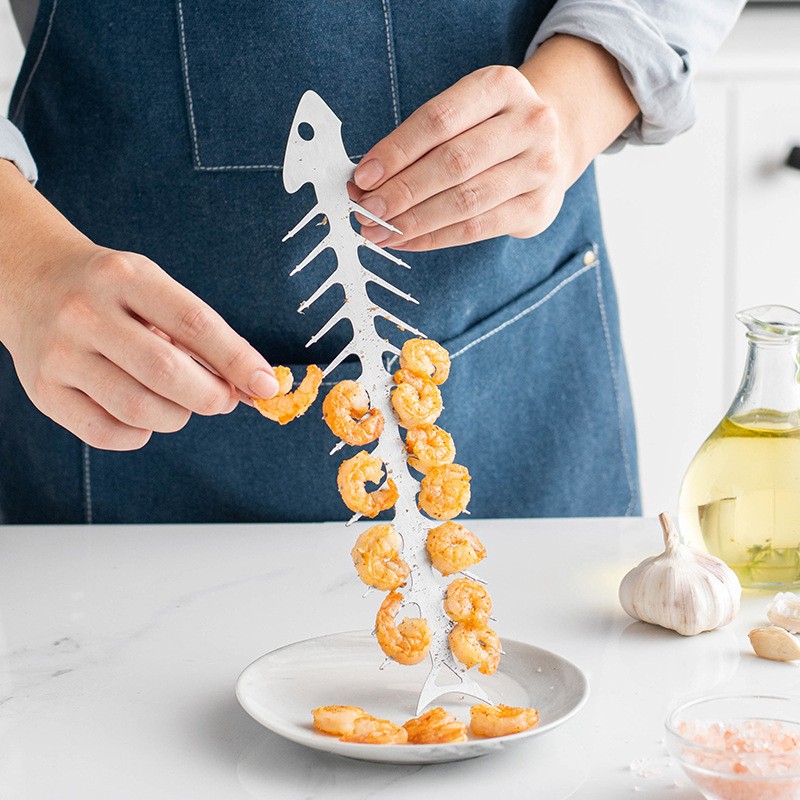 Forma pentru Frigarui, Model Oase de Peste, din Otel Inoxidabil, Instrument pentru Gratar, BBQ, cu Deschizator de Sticle, 30x6 cm, Argintie [3]