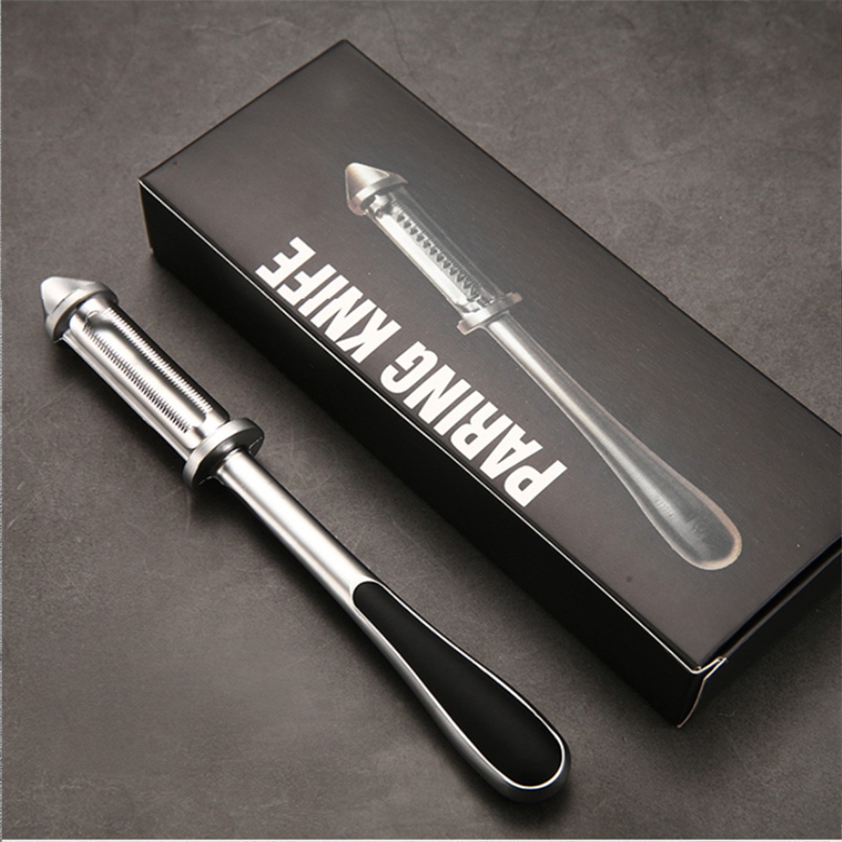 Peeler 2in1 pentru Legume si Fructe, Multifunctional, cu 2 Lame de Curatati si Feliat, Varf Ascutit pentru Gaurit, 18 cm, din Otel Inoxidabil, Argintiu/Negru [9]