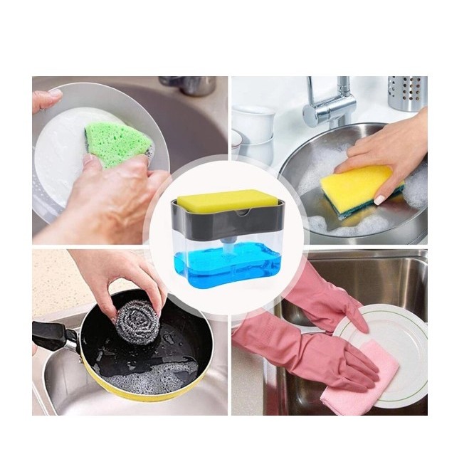 Dozator Dispenser 2 in 1 pentru Detergent Lichid de Vase sau pentru Obiecte Sanitare cu Suport pentru Burete de Bucatarie ,14 x 10.5 x 10 cm, capacitate 380 ml, gri [2]