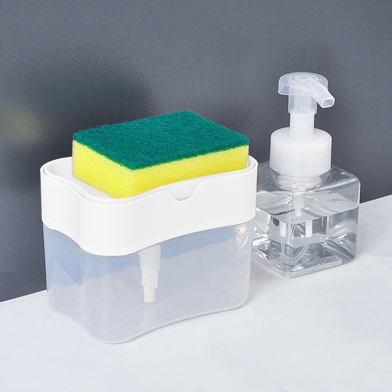 Dozator Dispenser 2 in 1 pentru Detergent Lichid de Vase sau pentru Obiecte Sanitare cu Suport pentru Burete de Bucatarie ,14 x 10.5 x 10 cm, capacitate 380 ml, alb [3]