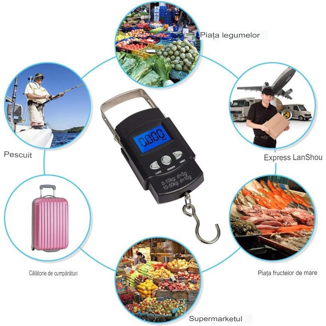 Cantar Digital de Mana cu Carlig, Cantar Portabil, Pescuit, cu Maner, Capacitate 50 kg, cu Metru Incorporat, 20.5 x 6 x 2.5 cm, Negru [6]