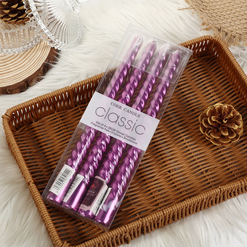 Lumanari - Set 4 Lumanari pentru Masa, Cina, Decor, Model Rasucit, Lungime 25 cm, Mov