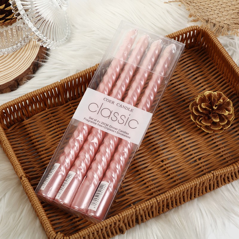 Lumanari - Set 4 Lumanari pentru Masa, Cina, Decor, Model Rasucit, Lungime 25 cm, Roz