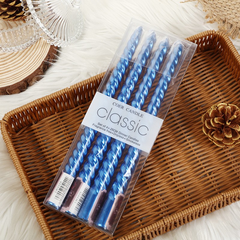 Lumanari - Set 4 Lumanari pentru Masa, Cina, Decor, Model Rasucit, Lungime 25 cm, Albastru