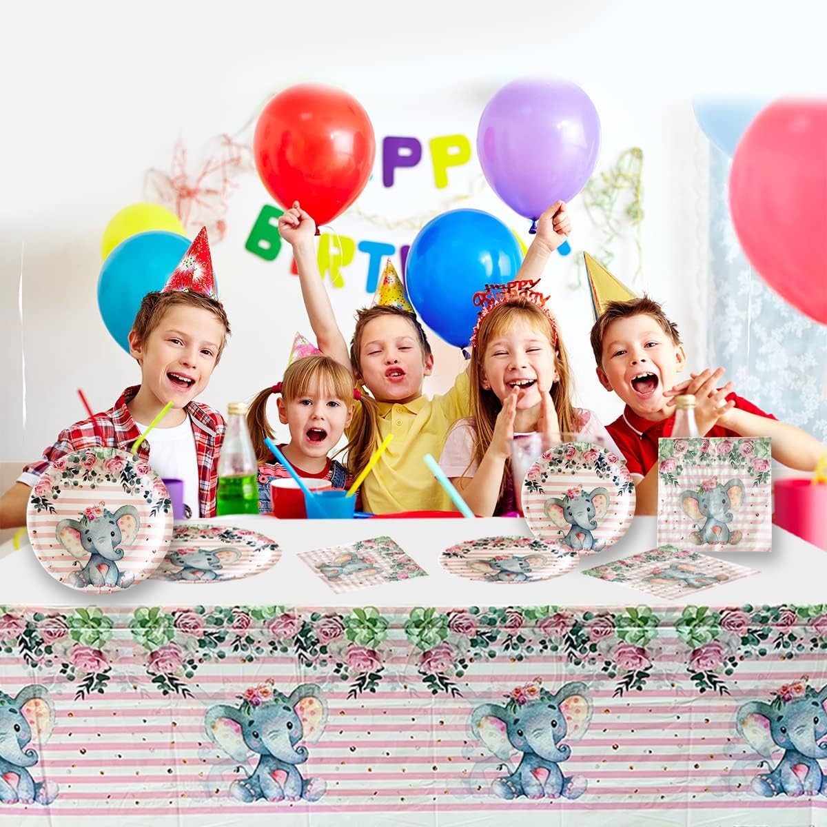 Fata de Masa, din Plastic, Imprimeu Elefanti, 180 x 108 cm, Roz [1]