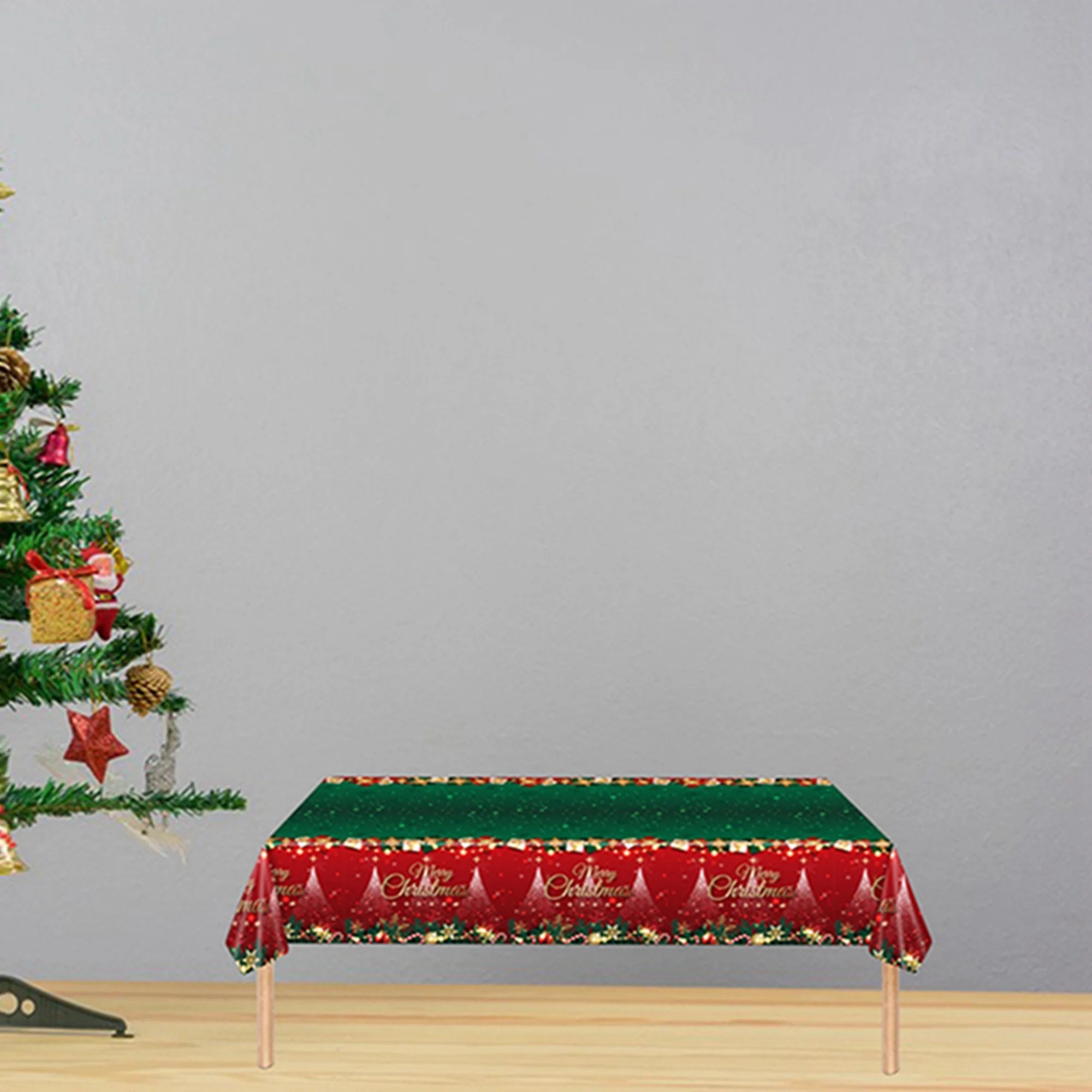 Fata de Masa Festiva, Dreptunghiulara, Imprimeu Merry Christmas, Tema Craciun, Rezistenta la Apa, din PVC, 137 x 274 cm, Rosu/Verde [3]