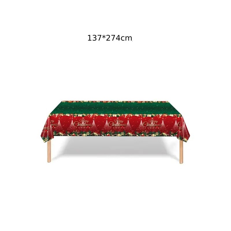 Fata de Masa Festiva, Dreptunghiulara, Imprimeu Merry Christmas, Tema Craciun, Rezistenta la Apa, din PVC, 137 x 274 cm, Rosu/Verde [5]