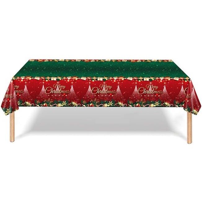 Fata de Masa Festiva, Dreptunghiulara, Imprimeu Merry Christmas, Tema Craciun, Rezistenta la Apa, din PVC, 137 x 274 cm, Rosu/Verde [1]