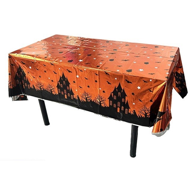 Baloane si Accesorii Halloween - Fata de Masa, din Folie, Imprimeu Halloween - Casa Bantuita, 137 x 183 cm, Portocaliu