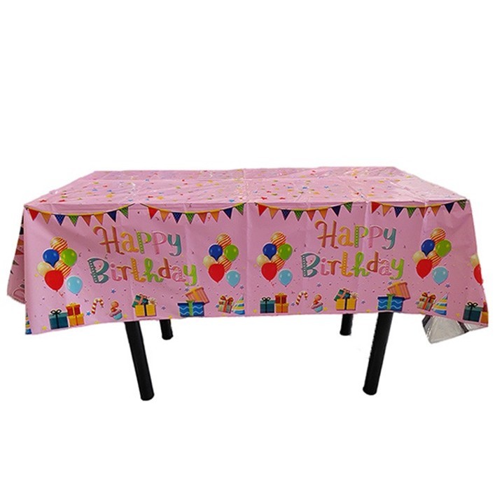 Fete Masa si Perdele Franjurate - Fata de Masa, din Folie, Imprimeu Happy Birthday cu Baloane, 137 x 183 cm, Roz