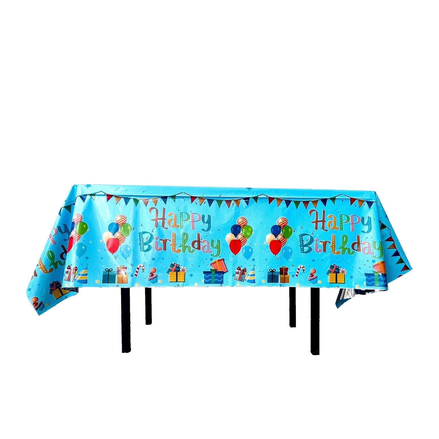 Fete Masa si Perdele Franjurate - Fata de Masa, din Folie, Imprimeu Happy Birthday cu Baloane, 137 x 183 cm, Albastru