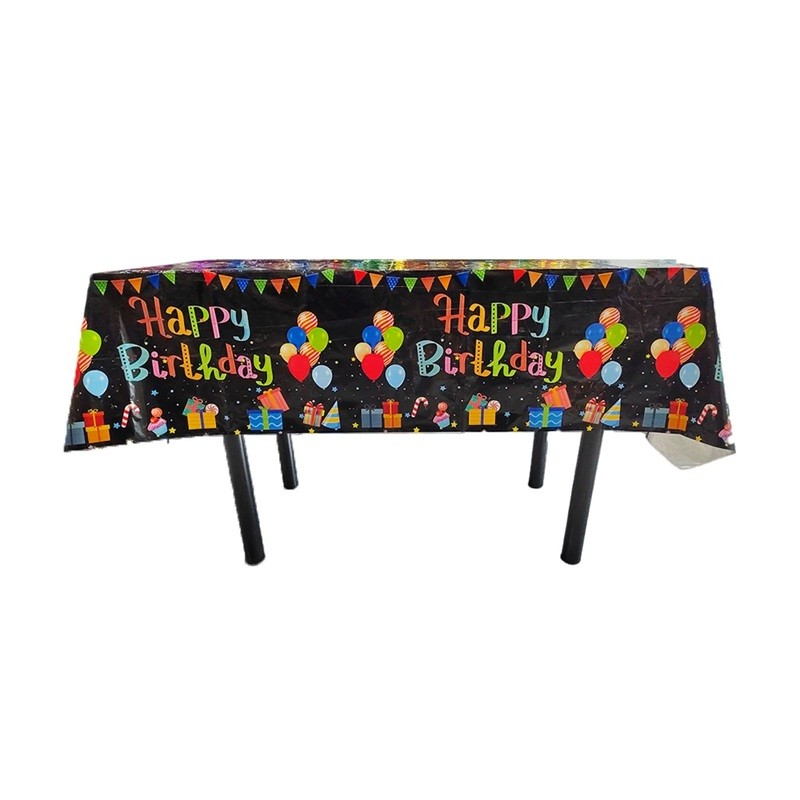 Fete Masa si Perdele Franjurate - Fata de Masa, din Folie, Imprimeu Happy Birthday cu Baloane, 137 x 183 cm, Negru