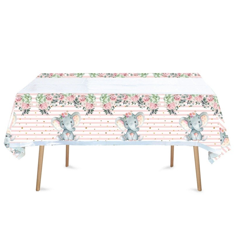 Fete Masa si Perdele Franjurate - Fata de Masa, din Plastic, Imprimeu Elefanti, 180 x 108 cm, Roz