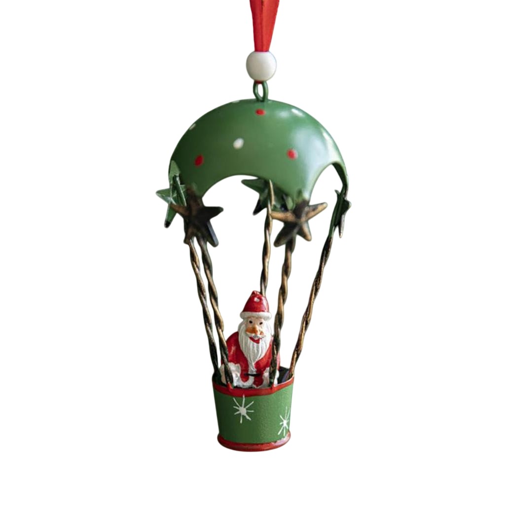 Figurina pentru Brad de Craciun, Model Mos Craciun in Balon cu Aer Cald, Ornament pentru Brad, din Metal, 11 x 5.5 x 5.5 cm, Verde [2]