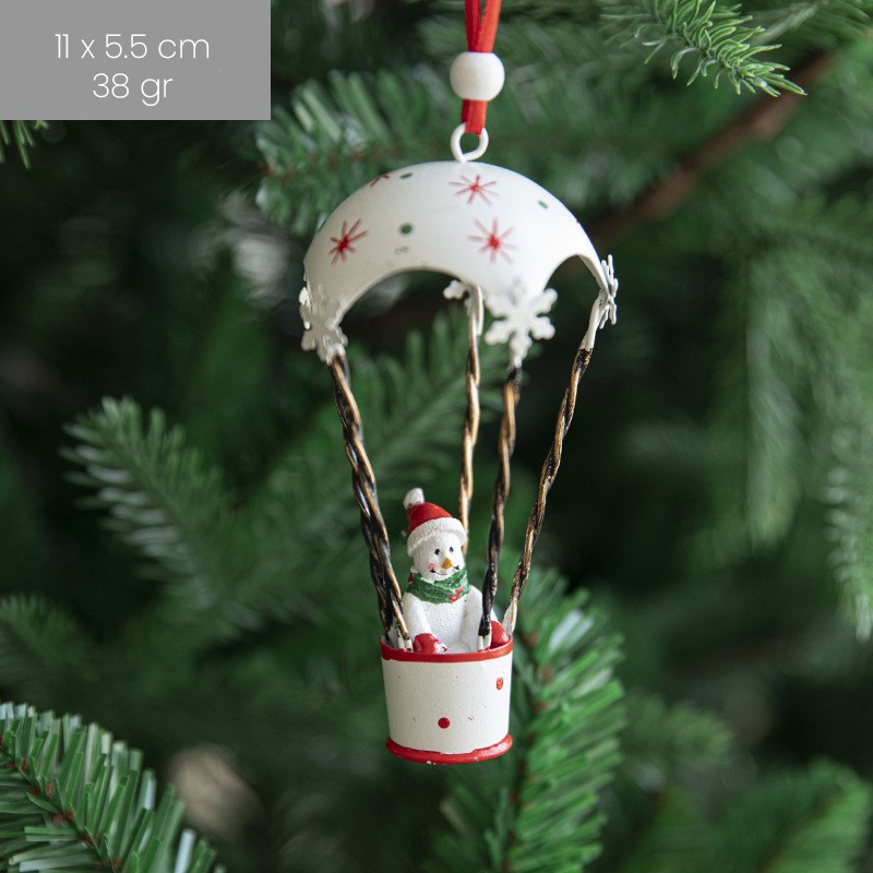 Figurina pentru Brad de Craciun, Model Om de Zapada in Balon cu Aer Cald, Ornament pentru Brad, din Metal, 11 x 5.5 x 5.5 cm, Alb [1]