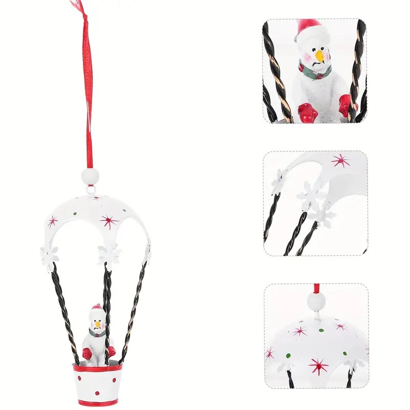 Figurina pentru Brad de Craciun, Model Om de Zapada in Balon cu Aer Cald, Ornament pentru Brad, din Metal, 11 x 5.5 x 5.5 cm, Alb [3]