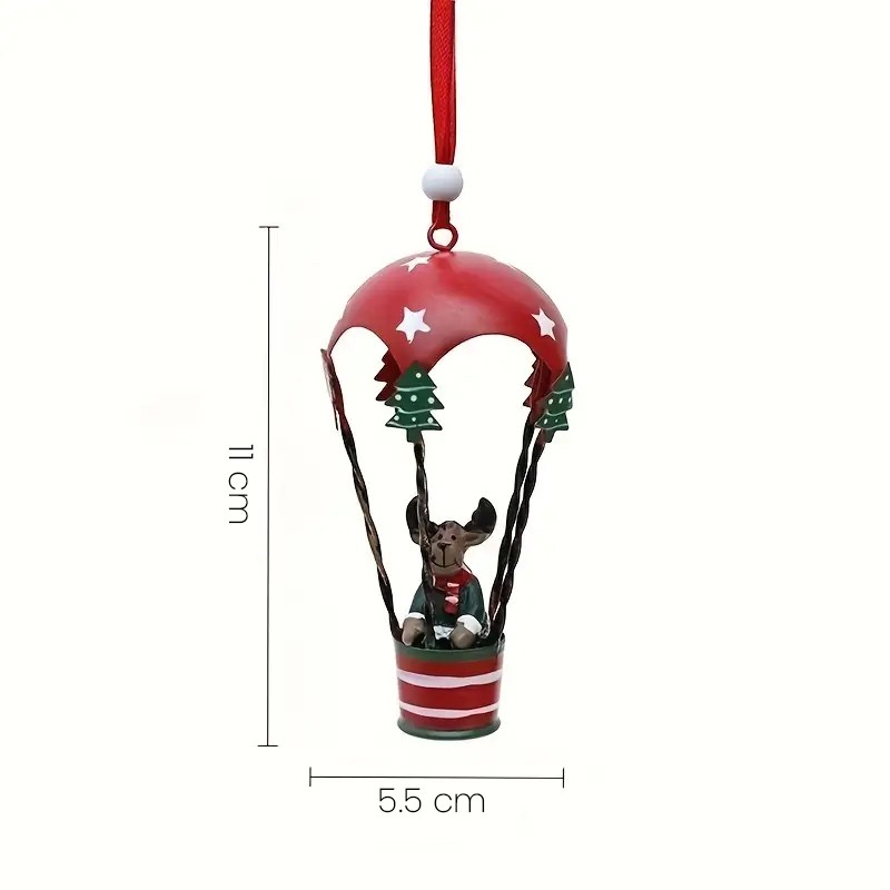 Figurina pentru Brad de Craciun, Model Ren in Balon cu Aer Cald, Ornament pentru Brad, din Metal, 11 x 5.5 x 5.5 cm, Rosu inchis [1]