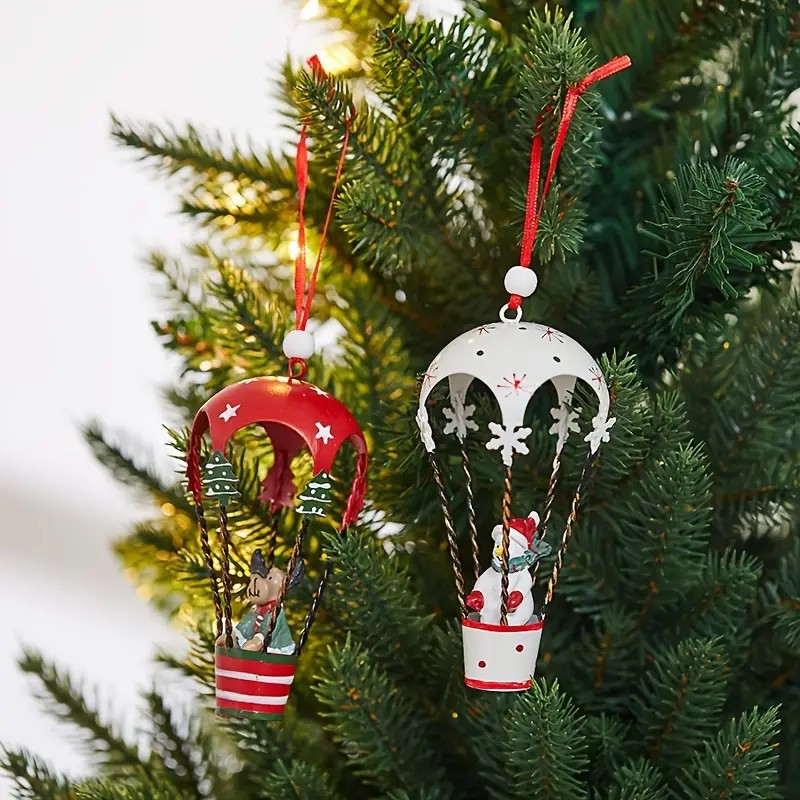 Figurina pentru Brad de Craciun, Model Ren in Balon cu Aer Cald, Ornament pentru Brad, din Metal, 11 x 5.5 x 5.5 cm, Rosu inchis [3]