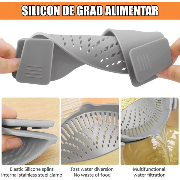 Strecurator Filtru pentru Vase, din Silicon Rezistent la Temperaturi Inalte, Universal, Paste, Legume, Fructe, 23x12.5x6.7 cm, Gri [5]