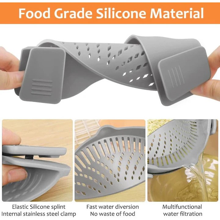 Strecurator Filtru pentru Vase, din Silicon Rezistent la Temperaturi Inalte, Universal, Paste, Legume, Fructe, 23x12.5x6.7 cm, Gri [3]