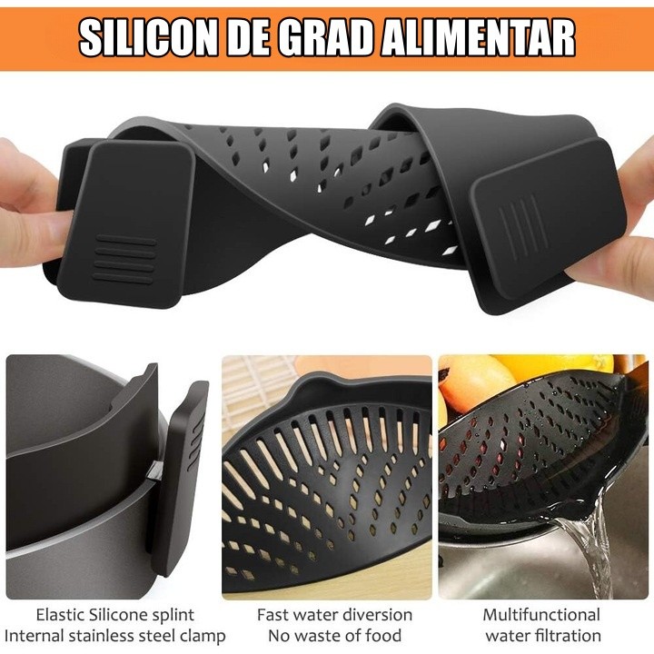 Strecurator Filtru pentru Vase, din Silicon Rezistent la Temperaturi Inalte, Universal, Paste, Legume, Fructe, 23x12.5x6.7 cm Negru [5]