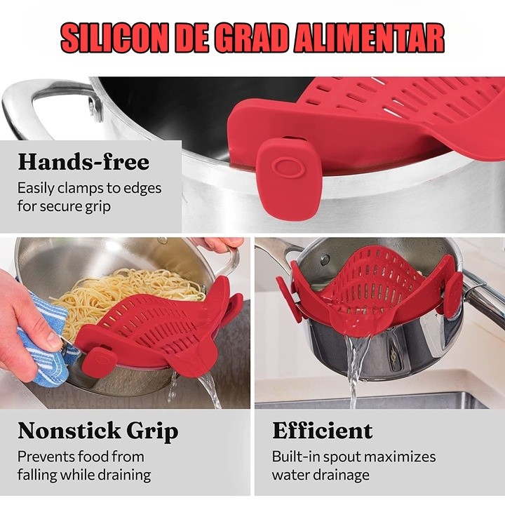 Strecurator Filtru pentru Vase, din Silicon Rezistent la Temperaturi Inalte, Universal, Paste, Legume, Fructe, 23x12.5x6.7 cm Rosu [6]