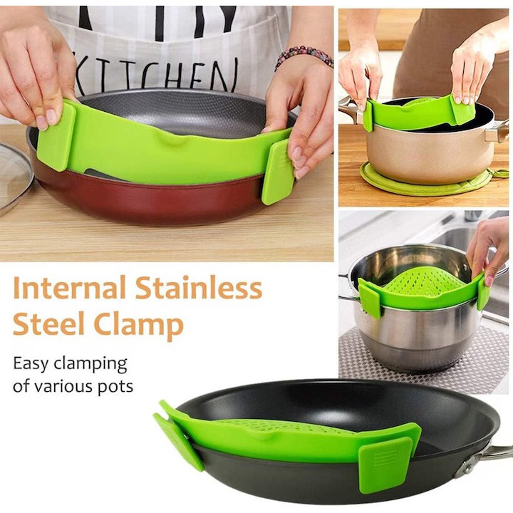 Strecurator Filtru pentru Vase, din Silicon Rezistent la Temperaturi Inalte, Universal, Paste, Legume, Fructe, 23x12.5x6.7 cm Verde [5]