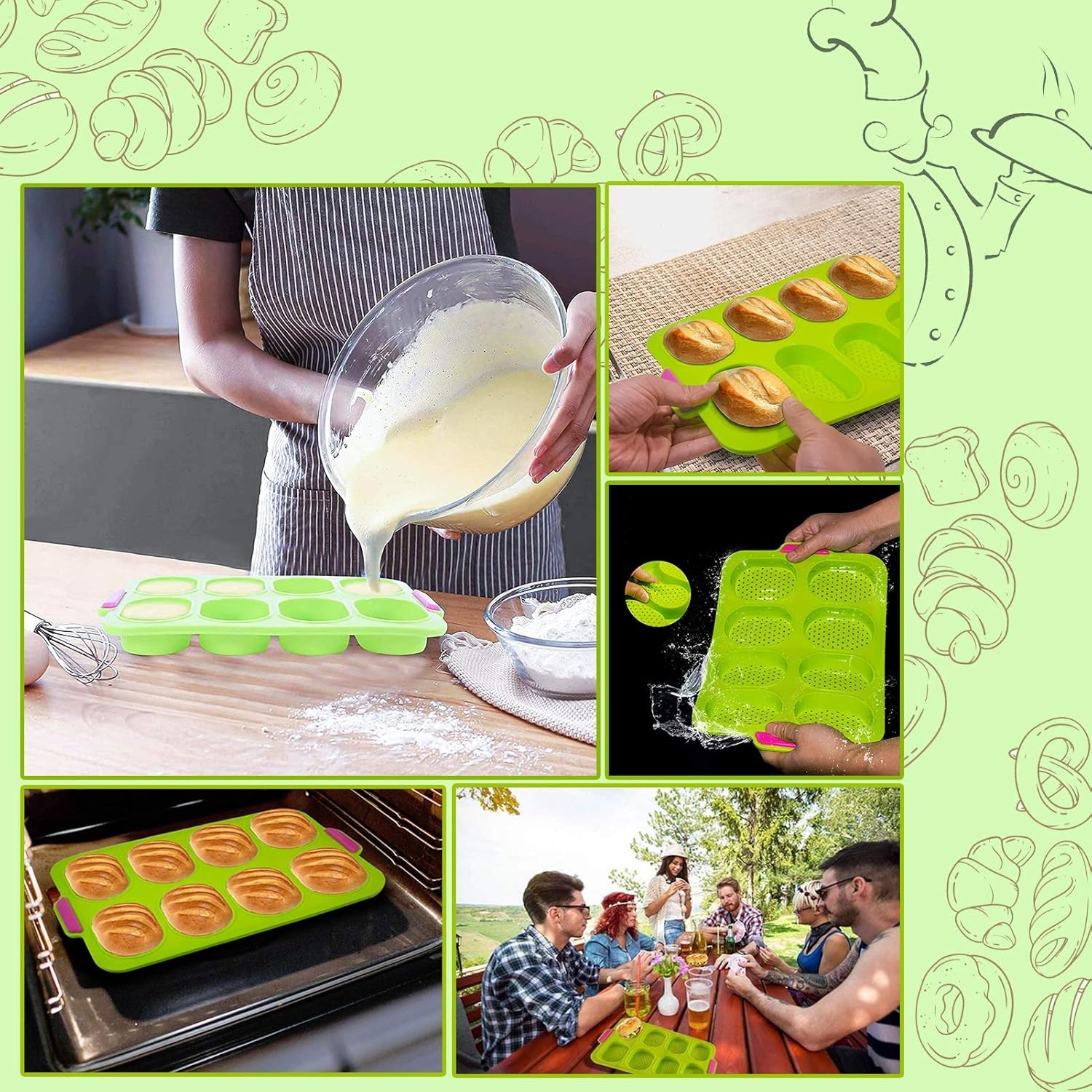 Forme de Silicon pentru Copt, 8 Forme Ovale, pentru Paine si Prajituri, 34.5 x 23.8 x 2.5 cm, Verde/Roz [4]