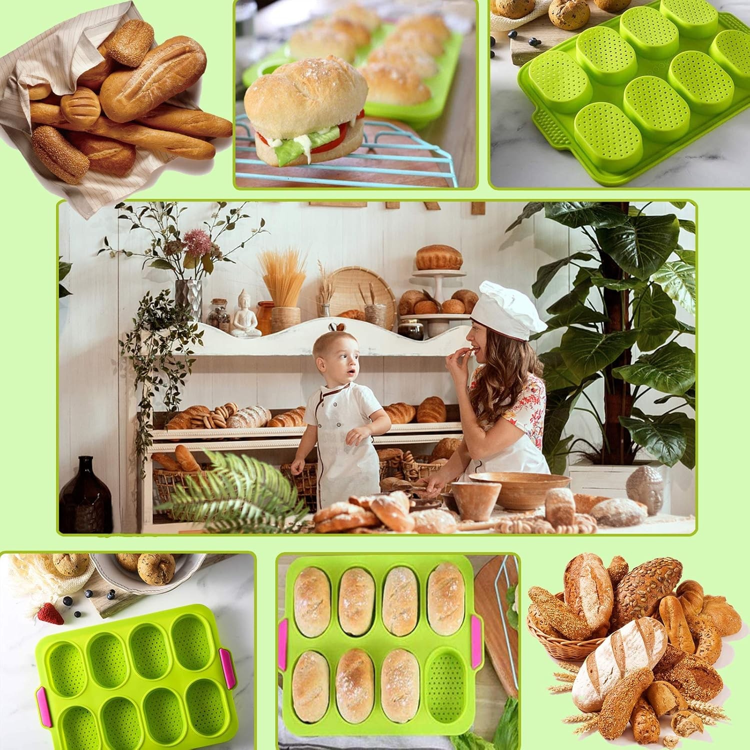 Forme de Silicon pentru Copt, 8 Forme Ovale, pentru Paine si Prajituri, 34.5 x 23.8 x 2.5 cm, Verde/Roz [3]