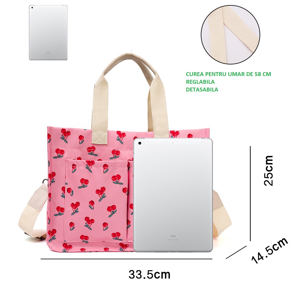 Geanta de Mana/Umar, Multifunctionala, Inchidere cu Capsa, Imprimeu Cirese, Material Textil, 33.5 x 25 x 14.5 cm, Roz [2]