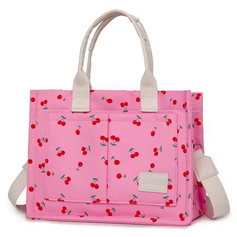 Geanta de Mana/Umar, Multifunctionala, Inchidere cu Capsa, Imprimeu Cirese, Material Textil, 33.5 x 25 x 14.5 cm, Roz [7]