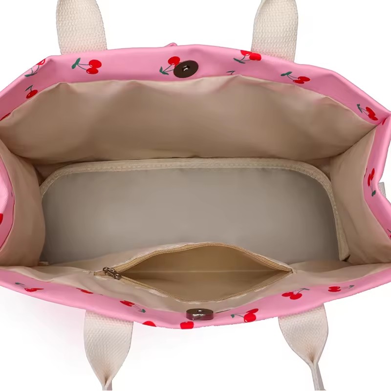 Geanta de Mana/Umar, Multifunctionala, Inchidere cu Capsa, Imprimeu Cirese, Material Textil, 33.5 x 25 x 14.5 cm, Roz [5]