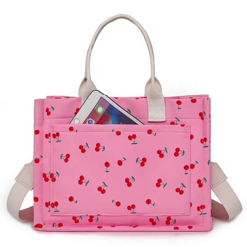 Geanta de Mana/Umar, Multifunctionala, Inchidere cu Capsa, Imprimeu Cirese, Material Textil, 33.5 x 25 x 14.5 cm, Roz [6]