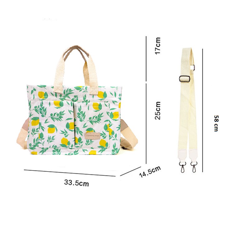 Geanta de Mana/Umar, Multifunctionala, Inchidere cu Capsa, Imprimeu Lamai, Material Textil, 33.5 x 25 x 14.5 cm, Alb/Galben [2]