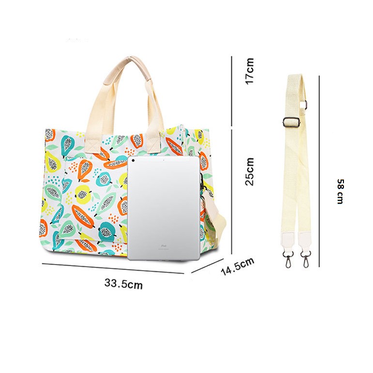 Geanta de Mana/Umar, Multifunctionala, Inchidere cu Capsa, Imprimeu Fructe, Material Textil, 33.5 x 25 x 14.5 cm, Multicolor [7]