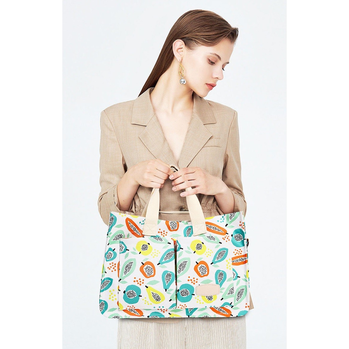 Geanta de Mana/Umar, Multifunctionala, Inchidere cu Capsa, Imprimeu Fructe, Material Textil, 33.5 x 25 x 14.5 cm, Multicolor [2]