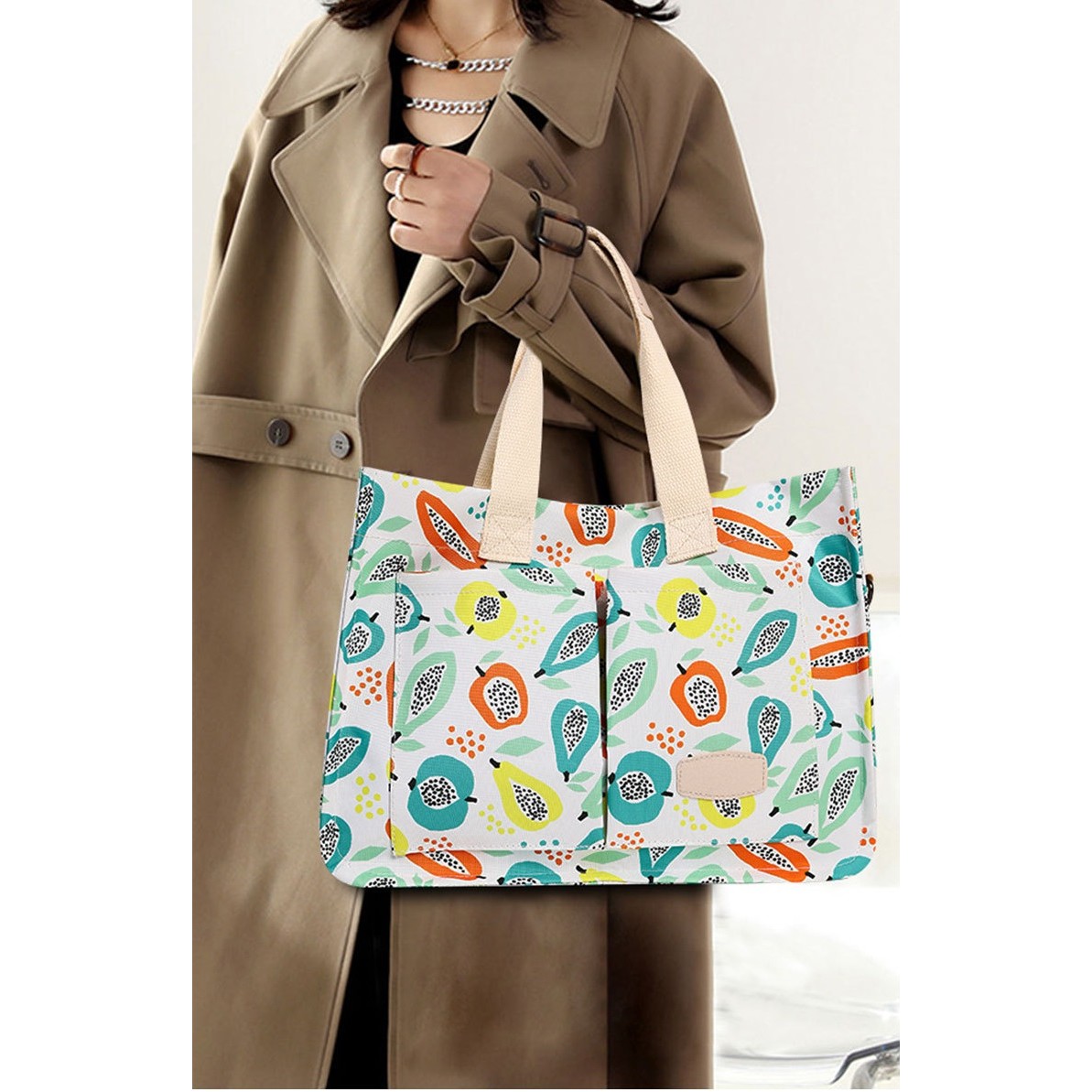 Geanta de Mana/Umar, Multifunctionala, Inchidere cu Capsa, Imprimeu Fructe, Material Textil, 33.5 x 25 x 14.5 cm, Multicolor [1]