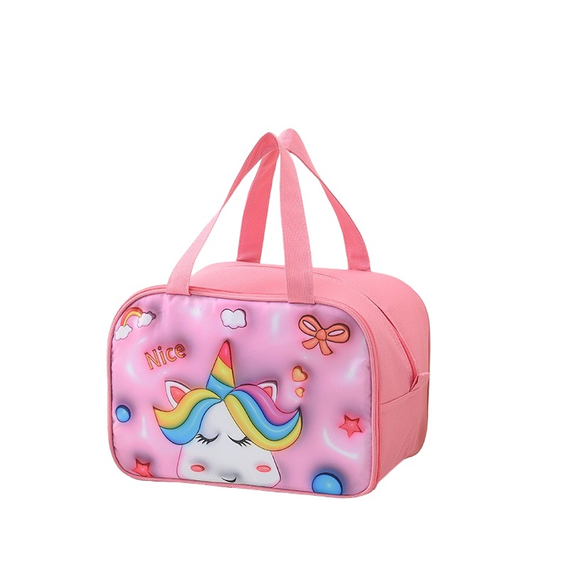 Genti Termoizolante Mancare - Geant? Frigorific?, cu Desene Animat 3D, Portabil? pentru Copii, de Prânz, din Pânz? Oxford, 27.5x18x20 cm, Model Unicorn, Roz