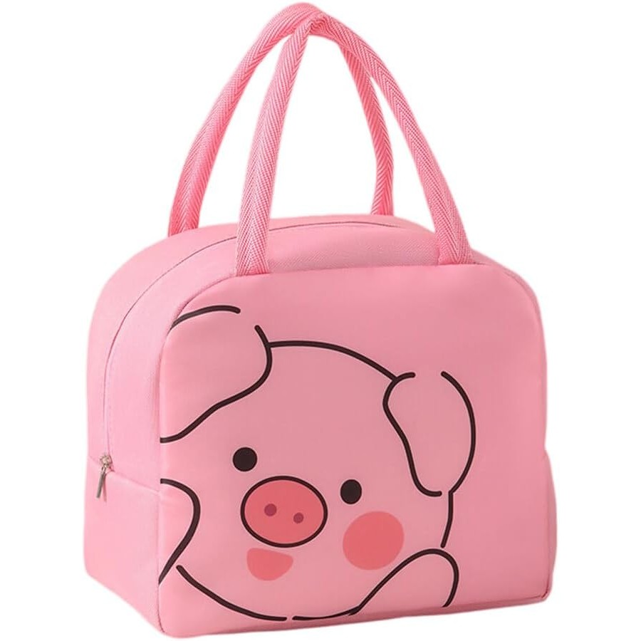 Genti Termoizolante Mancare - Geant? Frigorific?, cu Desene Animat, Portabil? pentru Copii, de Prânz, din Pânz? Oxford, 22x14x19 cm, Model Purcelus, Roz