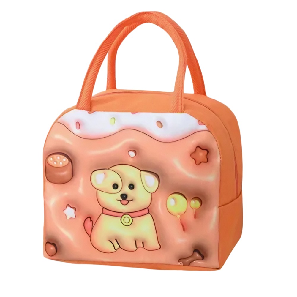 Genti Termoizolante Mancare - Geant? Frigorific?, cu Desene Animate 3D, Portabil? pentru Copii, de Prânz, din Pânz? Oxford, 23x13x19 cm, Model Catelus, Maro