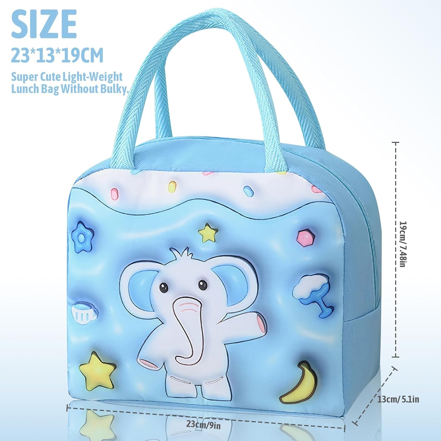 Geant? Frigorific?, cu Desene Animate 3D, Portabil? pentru Copii, de Prânz, din Pânz? Oxford, 23x13x19 cm, Model Elefantel, Albastru [7]