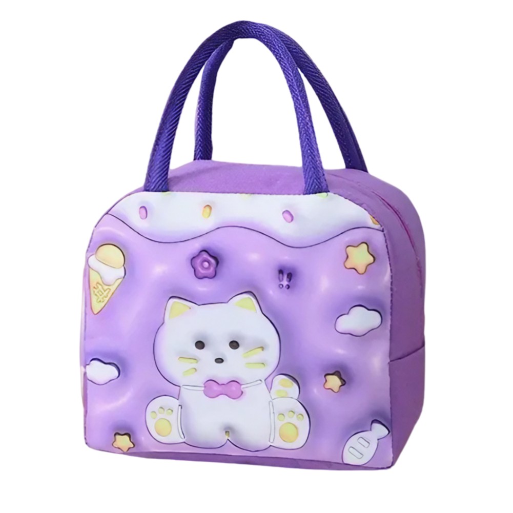 Genti Termoizolante Mancare - Geant? Frigorific?, cu Desene Animate 3D, Portabil? pentru Copii, de Prânz, din Pânz? Oxford, 23x13x19 cm, Model Pisicuta, Mov