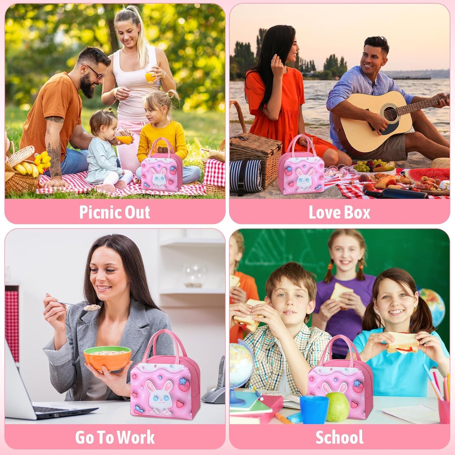 Geant? Frigorific?, cu Desene Animate 3D, Portabil? pentru Copii, de Prânz, din Pânz? Oxford, 23x13x19 cm, Model Iepuras, Roz [3]