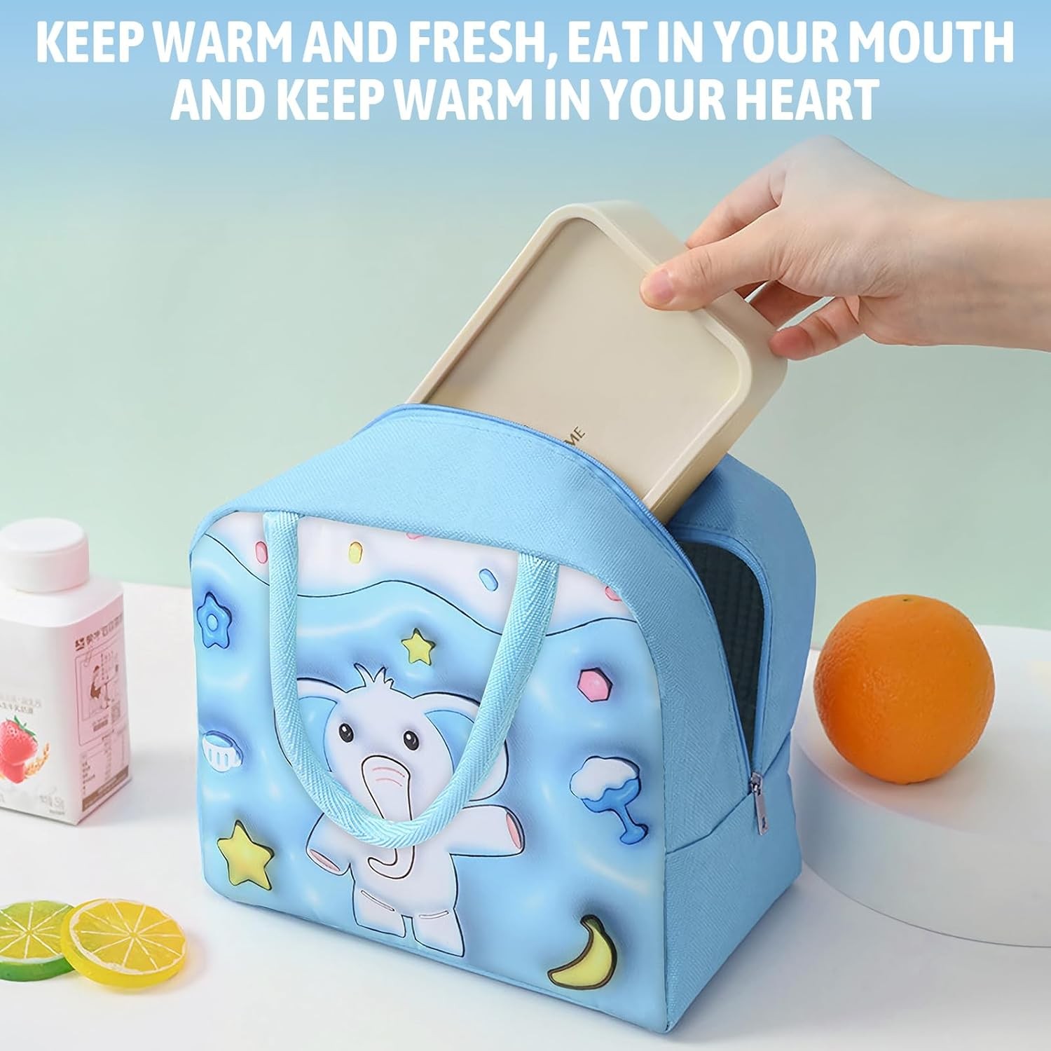 Geant? Frigorific?, cu Desene Animate 3D, Portabil? pentru Copii, de Prânz, din Pânz? Oxford, 23x13x19 cm, Model Elefantel, Albastru [3]