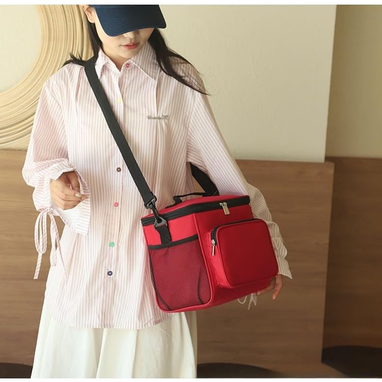 Geanta pentru Pranz, Multifunctionala, Compartimentata, 2 Tipuri de Manere, Impermeabila, 26x24x17 cm, Rosu [4]